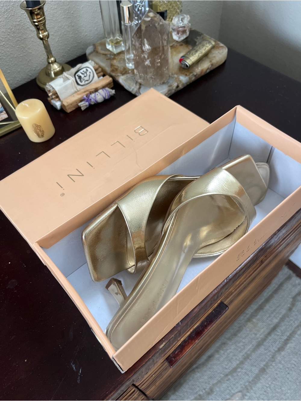 Billini Ilaria Gold Metallic Square Toe Heeled Mules Size 7